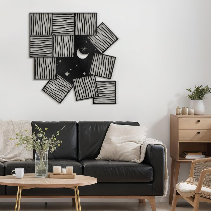 Lune et art mural moderne abstrait décoratif suspendu, décoration murale, H 24 po x l 24 po x P 0,05 po, Noir