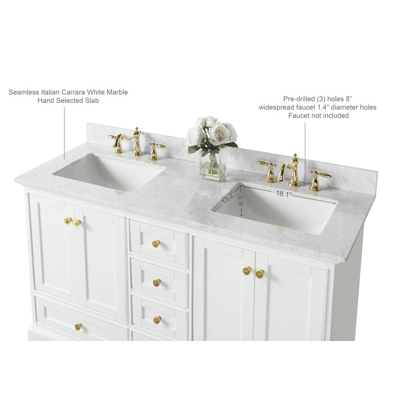 Audrey 60'' W Double Vanity, Gold, White, Carrara White