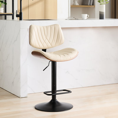 Tabouret de bar de style Mid-Century moderne en noyer avec revêtement en cuir noir, pivotant à 360 °, hauteur réglable pour îlot de cuisine / salle à manger / café, chaises beiges, et revêtu de style ergonomique