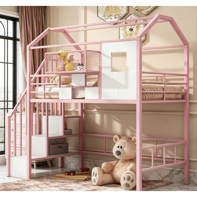 Metal Loft Bed With Roof Design And Storage Box, Twin Size, Ideal For Space-Saving And Child Safety