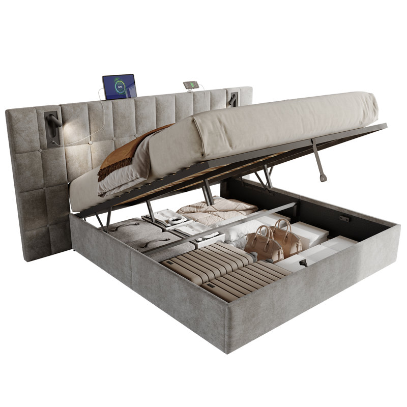 Upholstered Storage Bed with Wide Headboard & Built-in Lights, Gray, King