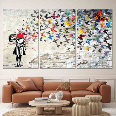 Banksy Girl with Butterflies Printed Canvas Art - Tempered Glass Option,3P Wrapped Canvas