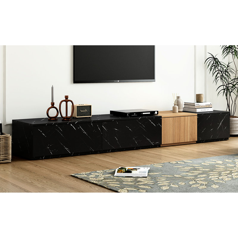 Contemporary Black Tv Stand With Faux Marble, 4 Storage, Accommodates 88" Tvs, Living Room Must-Have Marble & Walnut For Home, 4 Drawer Up To Tv, Staple Option Accessory