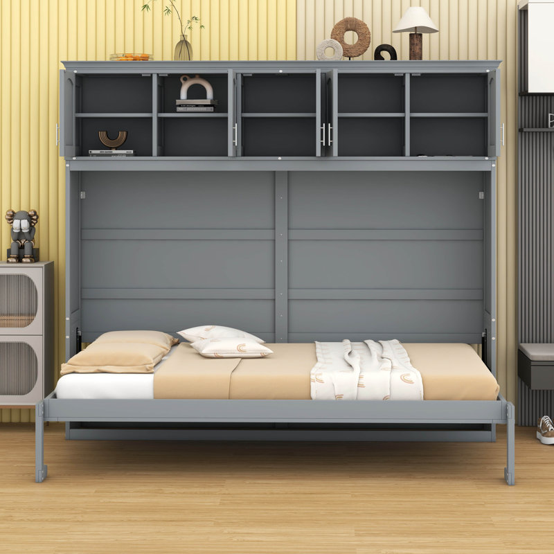 Lit escamotable double pleine grandeur avec armoires de rangement supérieures, Gris, Lit double