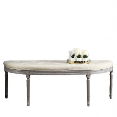 Beige Coastal Button Upholstered Bench With Weathered Gray Legs, Half Crescent Design For Space Optimization In Foyers, Structure, Easy To Clean, Requires Assembly, American Look, 55 Depth Shape -