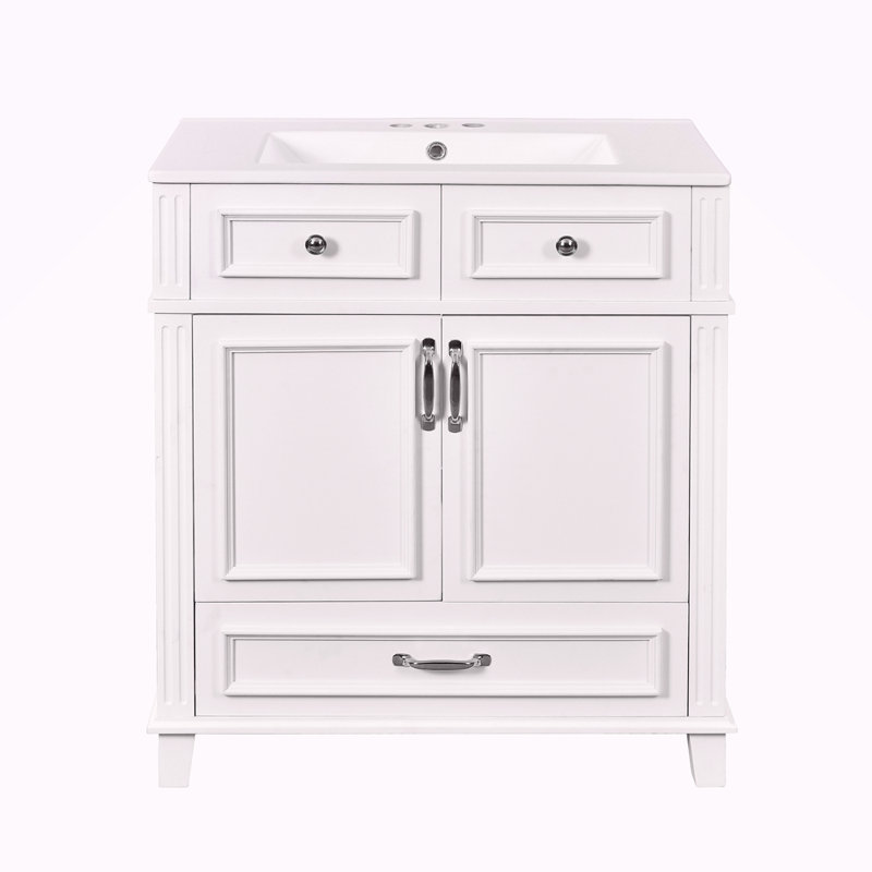 Meuble-lavabo de 30 po avec lavabo en céramique, armoire de rangement en bois massif avec portes à fermeture douce, style rétro