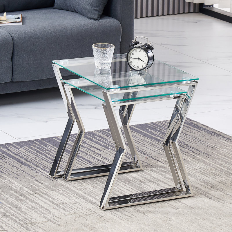 Taoussi 2 - Pieces Luxury Golden Stainless Steel Nesting Tables with Tempered Glass, Silver Base & Clear Top