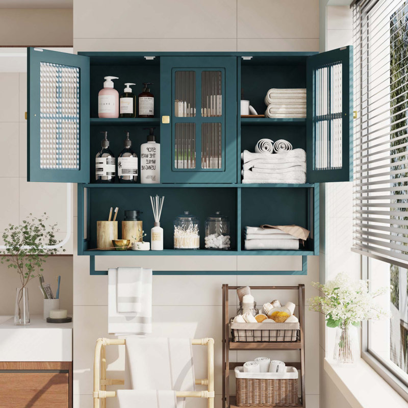 Armoire murale de cuisine en bois à 3 portes avec espace de rangement ouvert et caché pour le vestibule, Dark Green