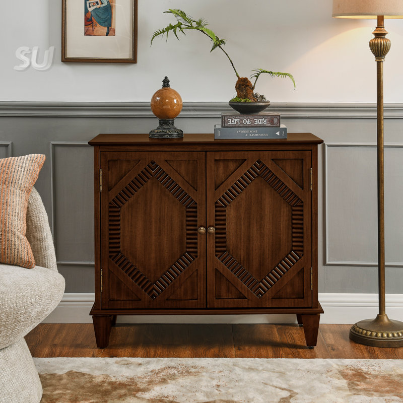 Buffet rétro 33,6 "en bois avec rangement, armoires de présentation symétriques géométriques, console multimédia pour salon / vestibule / salle à manger / cuisine, noyer