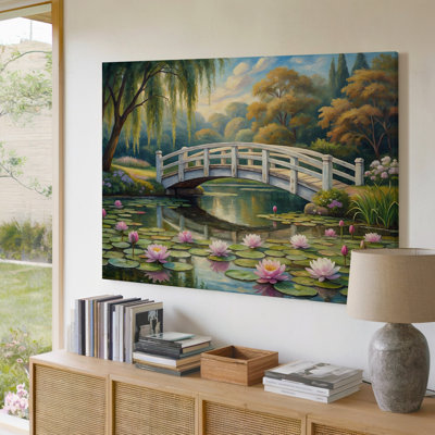 Paysage de jardin serein avec pont blanc et nénuphars, reproduction d'art sur toile pour le salon, la chambre à coucher, le bureau, le couloir, le vestibule, le mur de la galerie et la décoration intérieure moderne