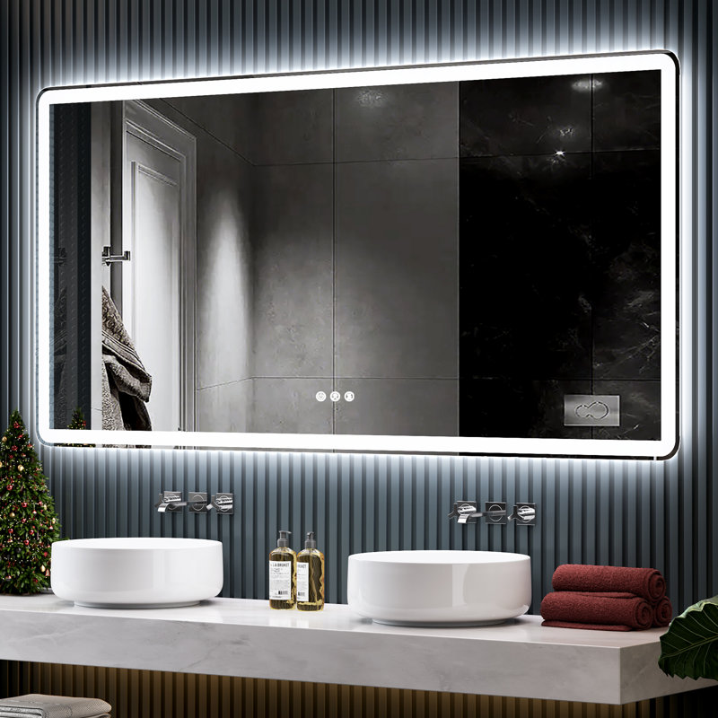 Miroir de salle de bain rond sans cadre à DEL, avant et arrière, anti-buée, verre trempé, 3 couleurs, gradateur, à brancher / câblé, horizontal / vertical