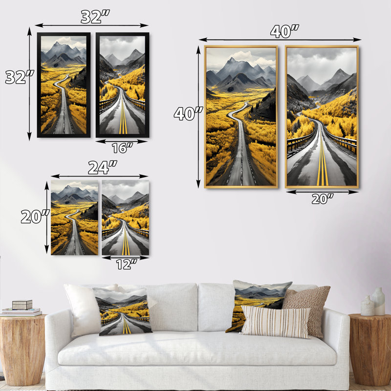 «Road Through Yellow Prairies», 2 pièces, Encadrement brun, H 24 po x l 20 po
