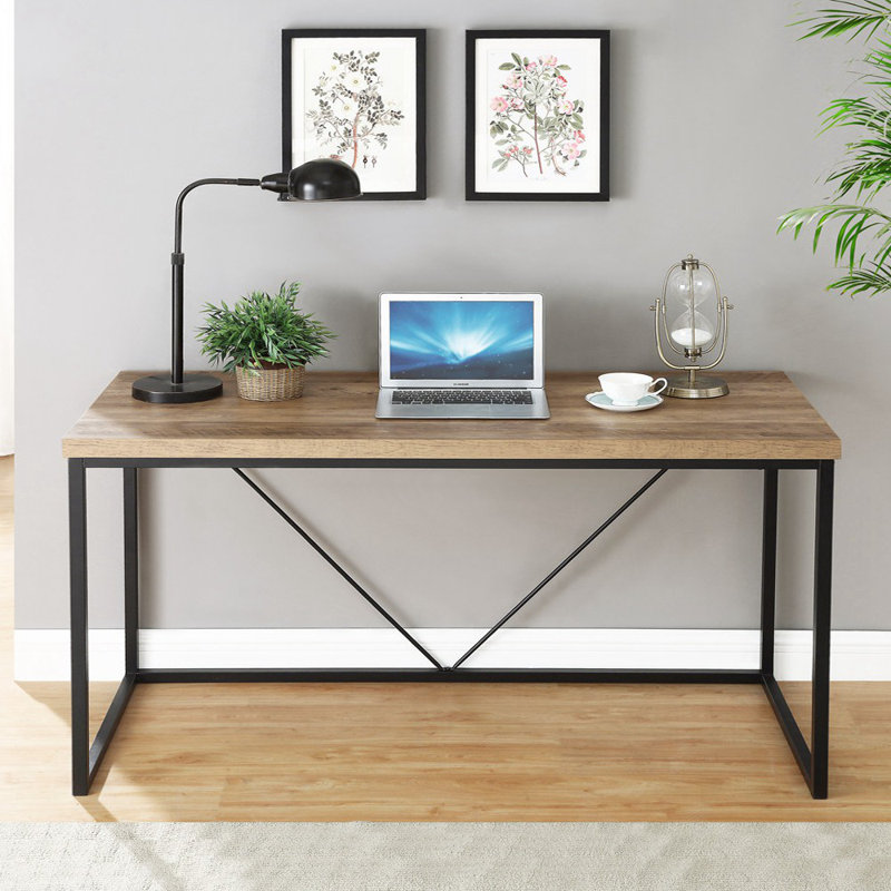 Hulste Rustic Oak Metal Base Computer Desk, 60 Inch, 29.5" H x 60" W x 23.6" D, Oak/Black