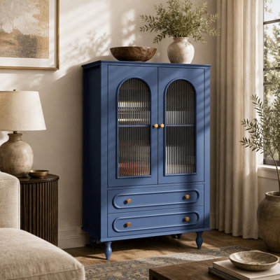 46.5'' Glass Display Cabinet with Ribbed Glass Doors,Wooden Curio Cabinet with 2 Drawers & Adjustable Shelf, Freestanding Buffet Cabinet Unit for Living Room Dining Room, Navy Blue