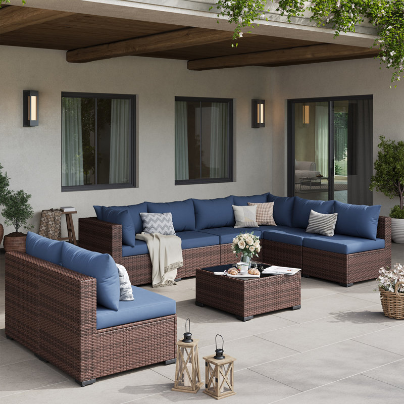 8-Person Modular Brown PE Rattan Outdoor Conversation Set, Large Patio Sectional Sofa with Anti-Rust Steel Frame and Coffee Table, Wicker Furniture for Backyard, Deck & Garden