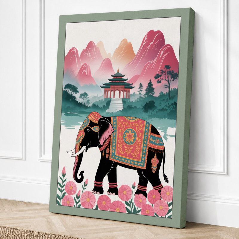 Elephant In Mountain Mist Japandi - Print, 24x16 - 61.0 x 40.6 cm, Sage Border