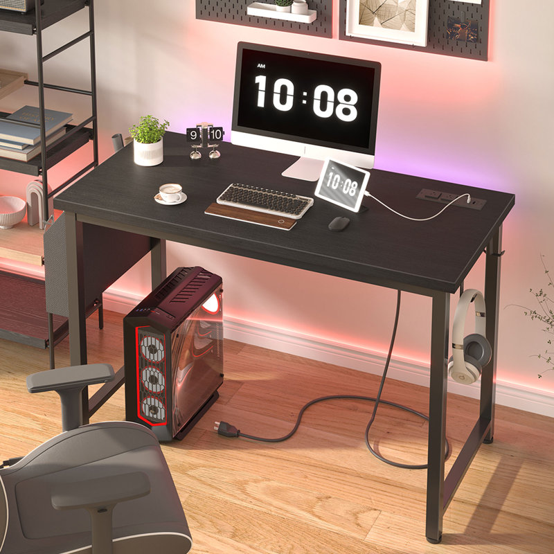Bureau d'écriture rectangulaire avec prises de courant, Noir, noir, noir, noir, H 29,52 po x l 39 po x P 18,9 po