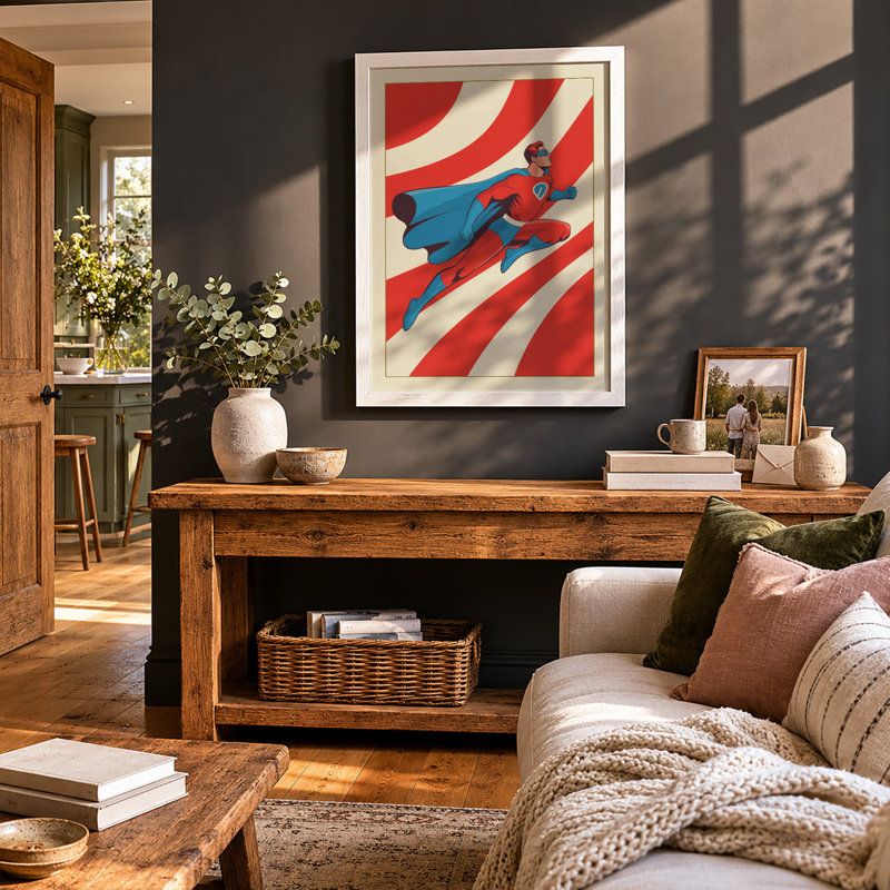 Flying Superhero Retro - Print, A3 - 42.0 x 29.7 cm, White