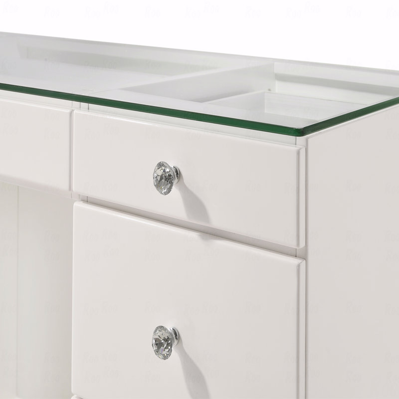 Ensemble de coiffeuse 1 pièce avec plateau en verre et 9 boutons en bois blanc, Blanc