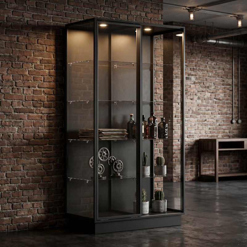 Vitrine lumineuse en verre avec portes coulissantes et tablettes intérieures en verre pour le salon ou le bureau, noir