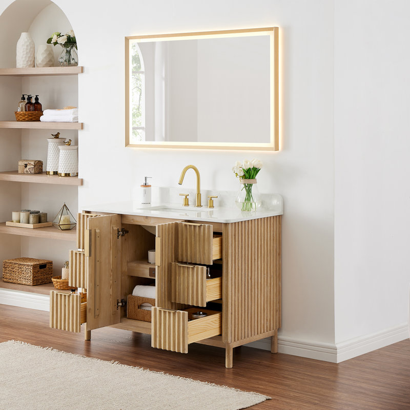 Meuble-lavabo simple Siena de 48 po avec comptoir en pierre reconstituée blanche grainée et miroir