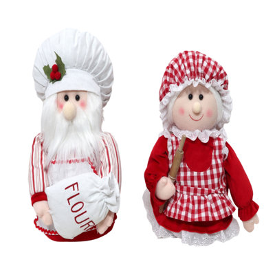 Plush Baking Santa Mrs. Claus Sitters 2, Shelf Sitter, Red, Polyester, Set of 2, Shelf, Living Room, Christmas, Christmas Decoration