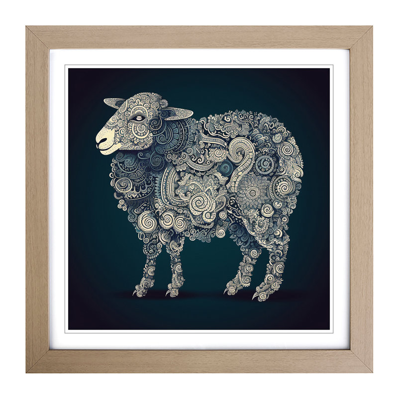Sheep Paisley No.3 - Single Picture Frame Print on Wood, Oak