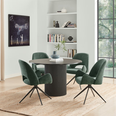 Penny Pillar Black Round Table With 4 Lyla Luxury Fabric Upholstered Swivel Dining Chairs