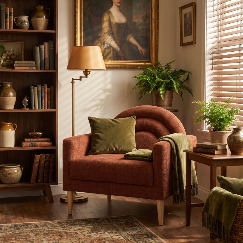 Chaise d'appoint moderne avec dossier d'inspiration arc-en-ciel, lin ocre, Ocre
