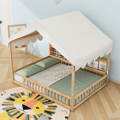 Full Wooden House-Shaped Floor Bed With Strip Lights And 3 Storage Shelves