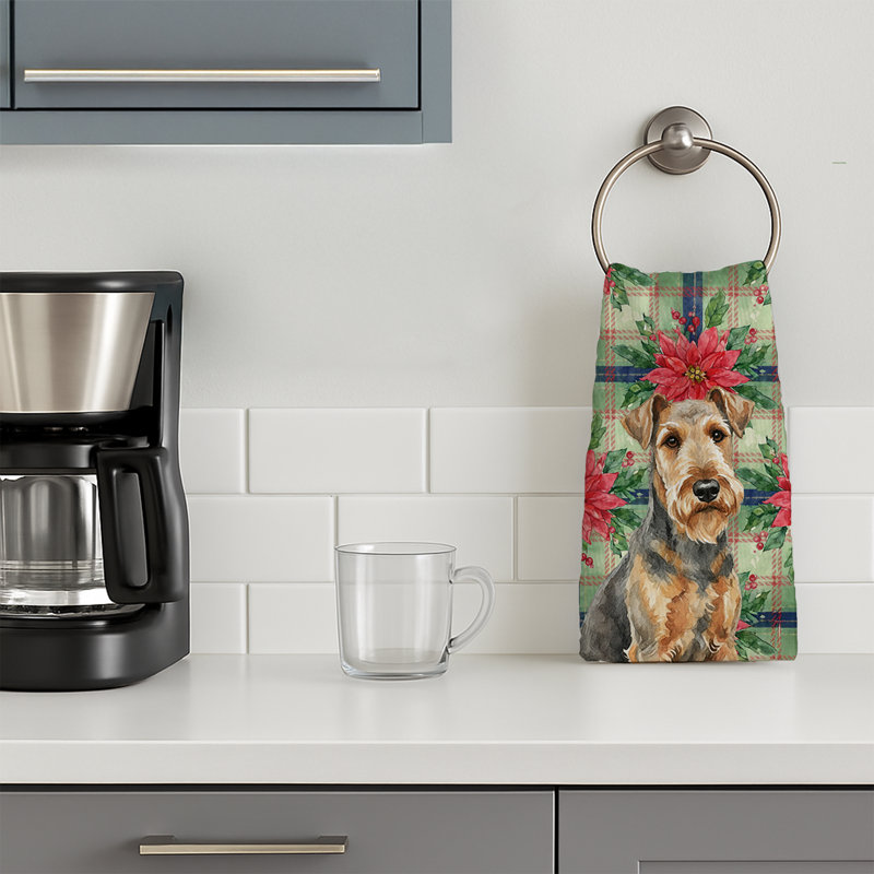 Grizzle Airedale Terrier Christmas PoinsettIas Kitchen Towel, Black/Brown Grizzle Airedale Terrier
