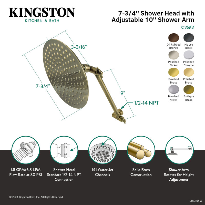 Kingston Brass Shower Scape 7-3/4-Inch Round Raindrop Brass Shower Head with 10-Inch High-Low Adjustable Shower Arm