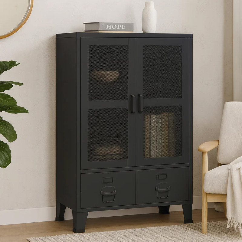 Armoire de rangement haute Coy, 2 tiroirs avec 2 portes avant en filet, structure en métal, noir