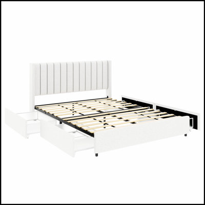 Lit plateforme tapissier ivoire avec rangement breveté à 4 tiroirs, alliant style et fonctionnalité pour les chambres modernes.