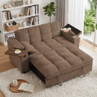 65" Wide Convertible Futon Sofa Bed with Pull-Out Sleeper, Side Table, USB & Type-C Ports&Storage Armrests