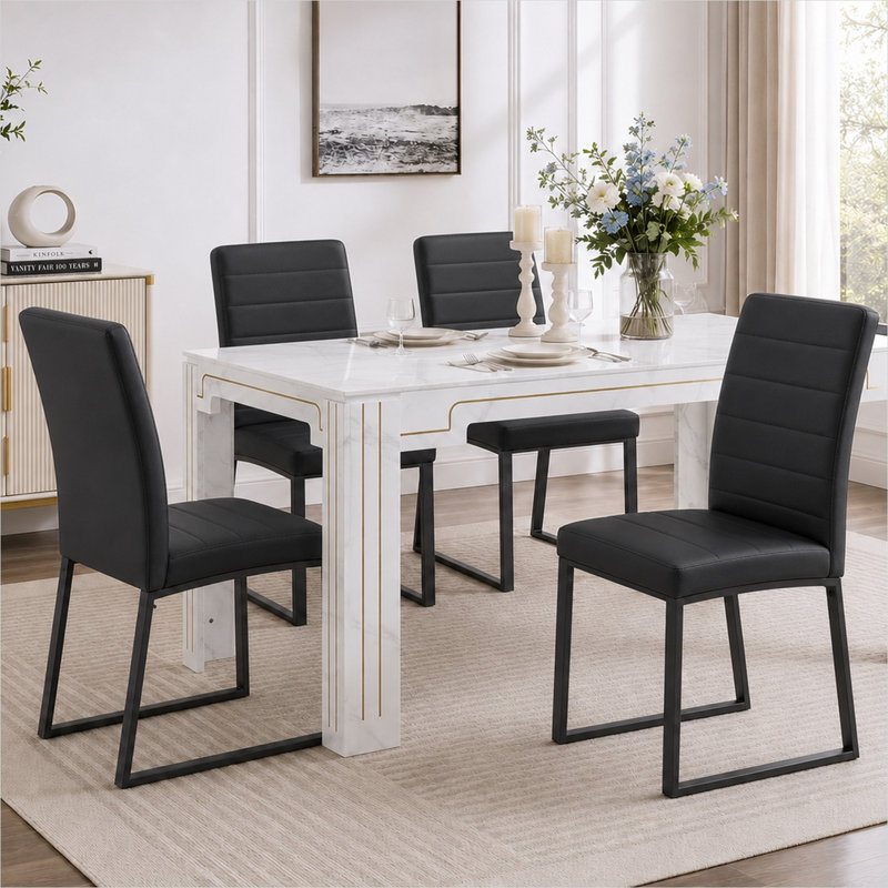 Ensemble de 4 chaises d'appoint en similicuir noir avec cadre en fer pour la salle à manger ou le bureau, Noir