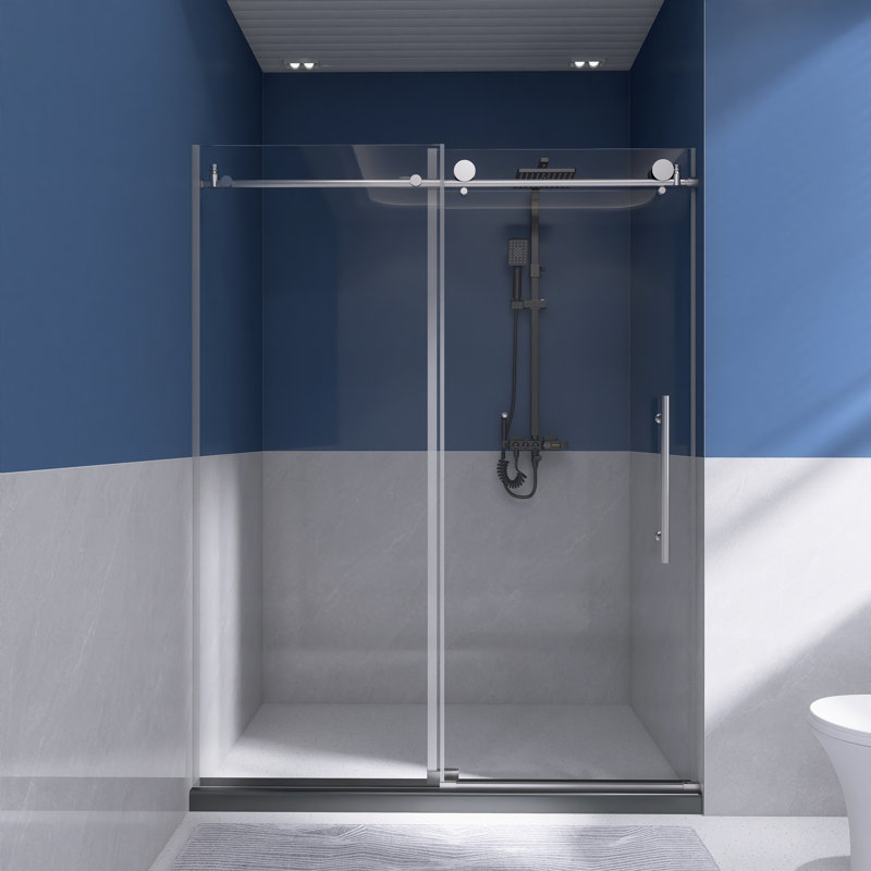 60 in. x 76 in. Frameless Sliding Shower Door in Brushed Nickel