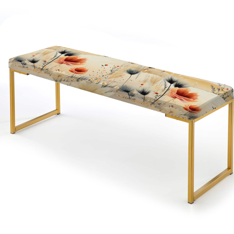 Beige Meadow Flowers Boho Pattern III - Floral Upholstered Gold Bench