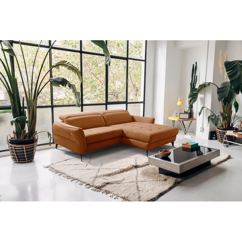 Morpeth Power Reclining Upholstered Corner Sofa in Chenille Fabric with Adjustable Headrests, Orange, Right Hand Facing