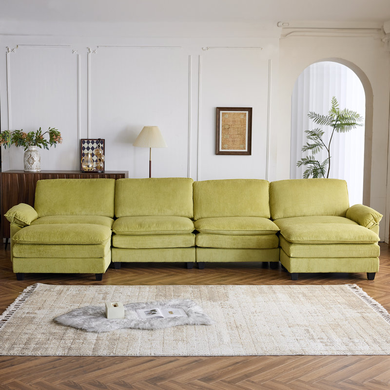 Latitude Run® 4-Seat Sectionals With 2 Ottoman, Green Corduroy