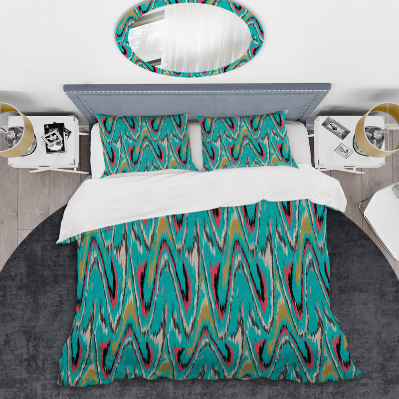 Green Ikat Ogee - Ensemble de housse de couette abstrait - Microfibre de polyester