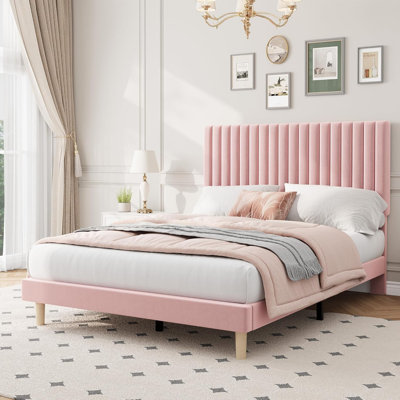 Full Size Velvet Bed Frame, Vertical Channel Tufted Headboard, Height Adjustable, Upholstered Platform Bed, No Box Spring Needed