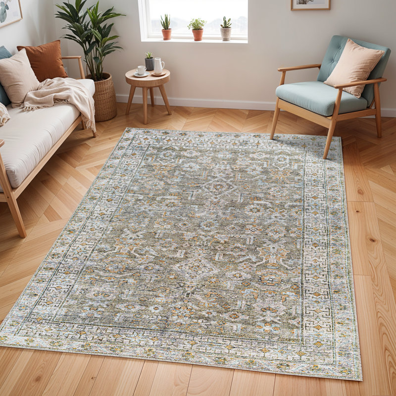 Machine Washable Vintage Area Rug Grey/Green, Rectangle 160 x 213cm