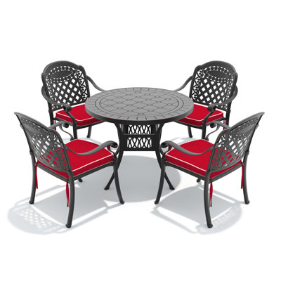 Ensemble de 5 meubles de patio en aluminium coulé avec cadre noir et coussins de siège rouges