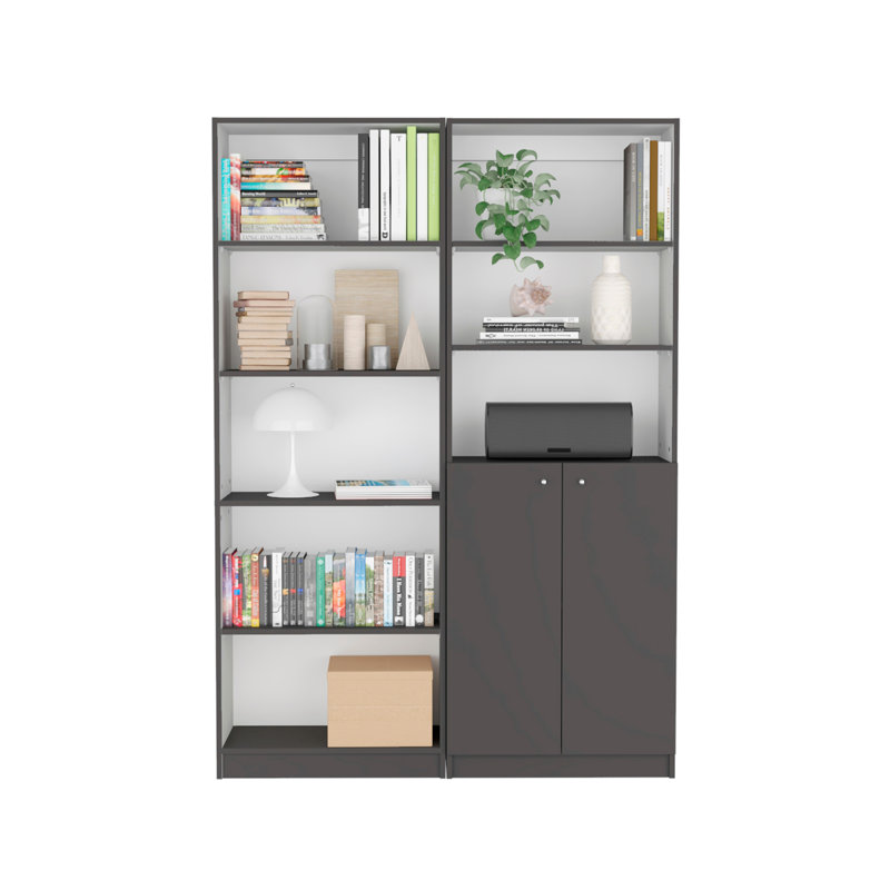 Ensemble de bibliothèque 2 pièces Layton, 49 po de largeur avec 8 tablettes et armoire double porte, ensemble de salon Gris mat - blanc