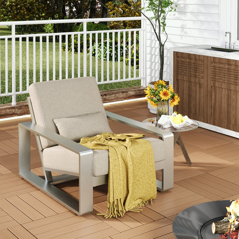 Chetan Indoor/Outdoor Aluminum Lounge Chair, Silver Frame/Beige Cushion