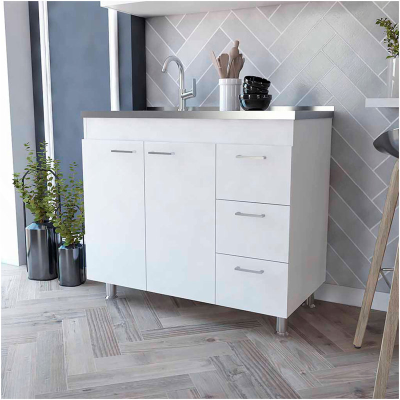 Armoire Darien, armoire double porte, trois tiroirs, quatre pieds, Blanc