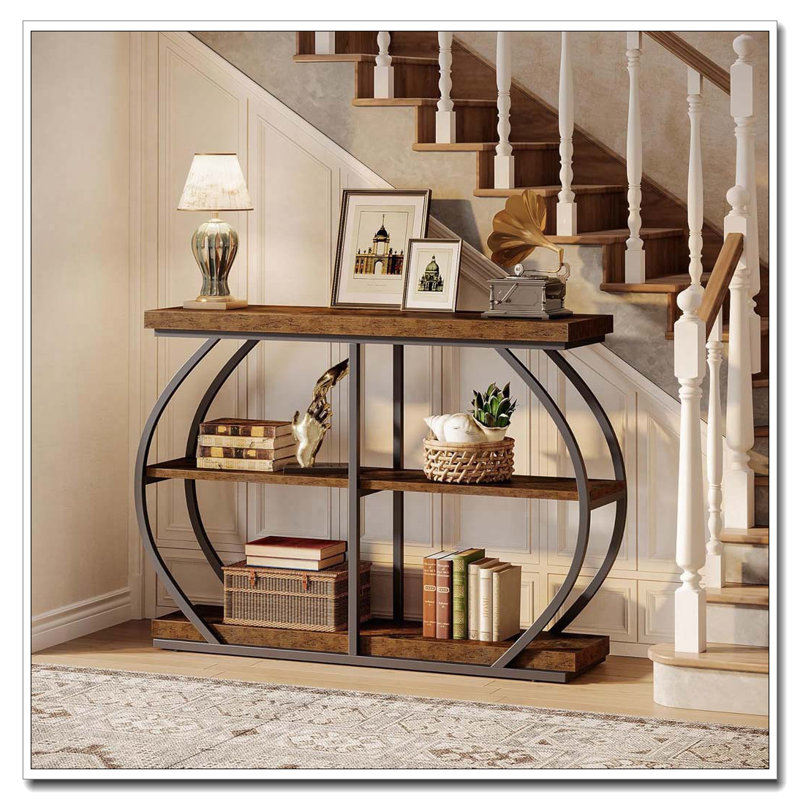 Industrial Three-Tier Console Table with Arched Metal Frame Storage