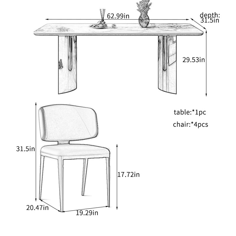 Ensembles de table de salle à manger en pierre frittée durable., H 29,53 po x L 62,99 po x l 31,5 po