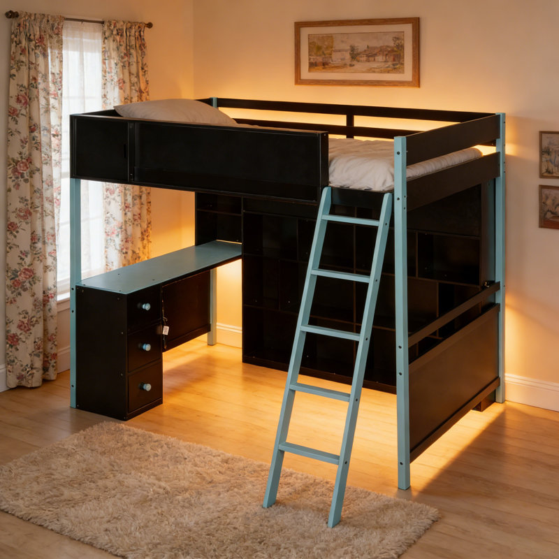 Lit mezzanine double en bois avec bureau, grand espace de rangement et lumière, Bleu